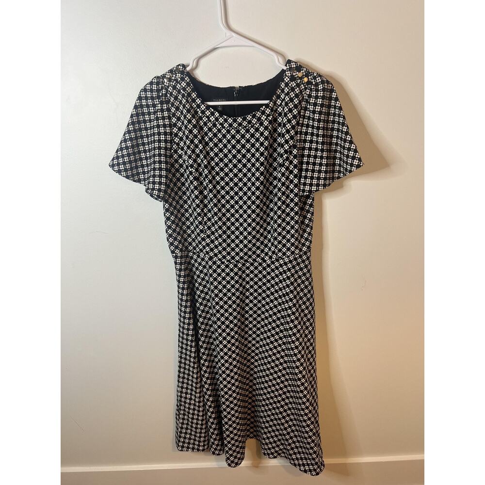 Talbots Dress Wm 6 Black White Geometric Print Short Sleeve Fit & Flare Chic
